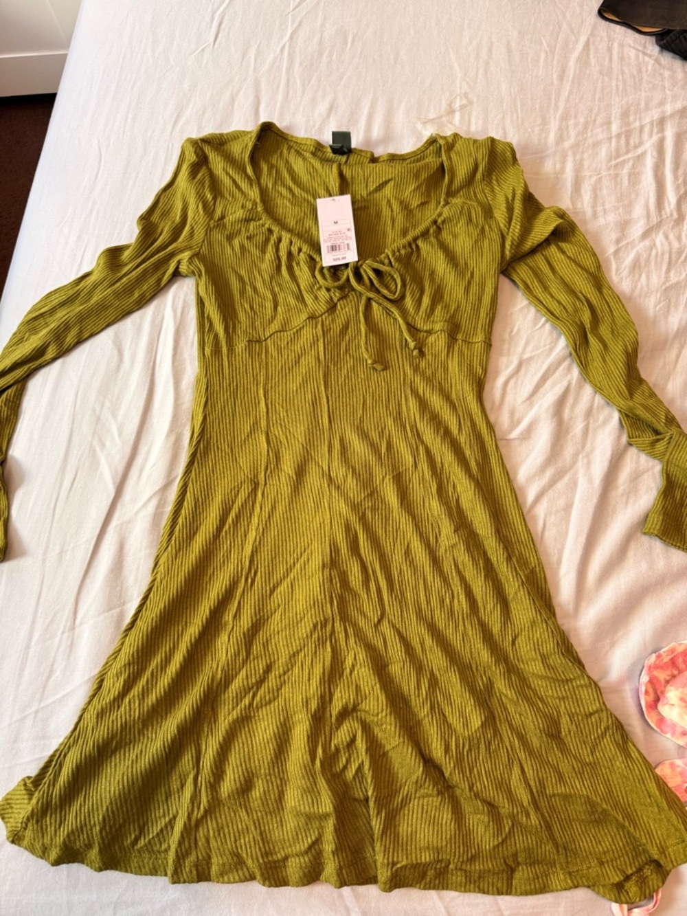 Long Sleeve Olive Green Ribbed A-Line Dress
